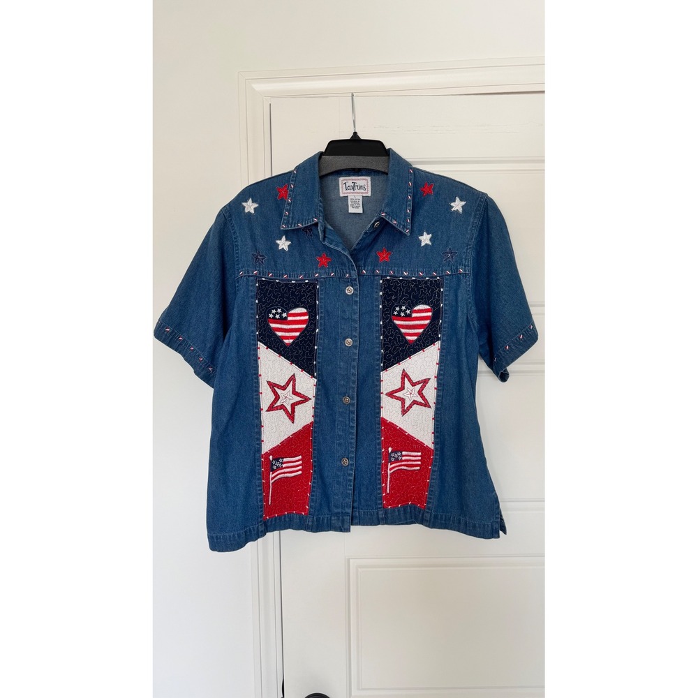 Vintage 90s Tantrums Patriotic Denim Shirt Embroidered Stars Stripes & Hearts L